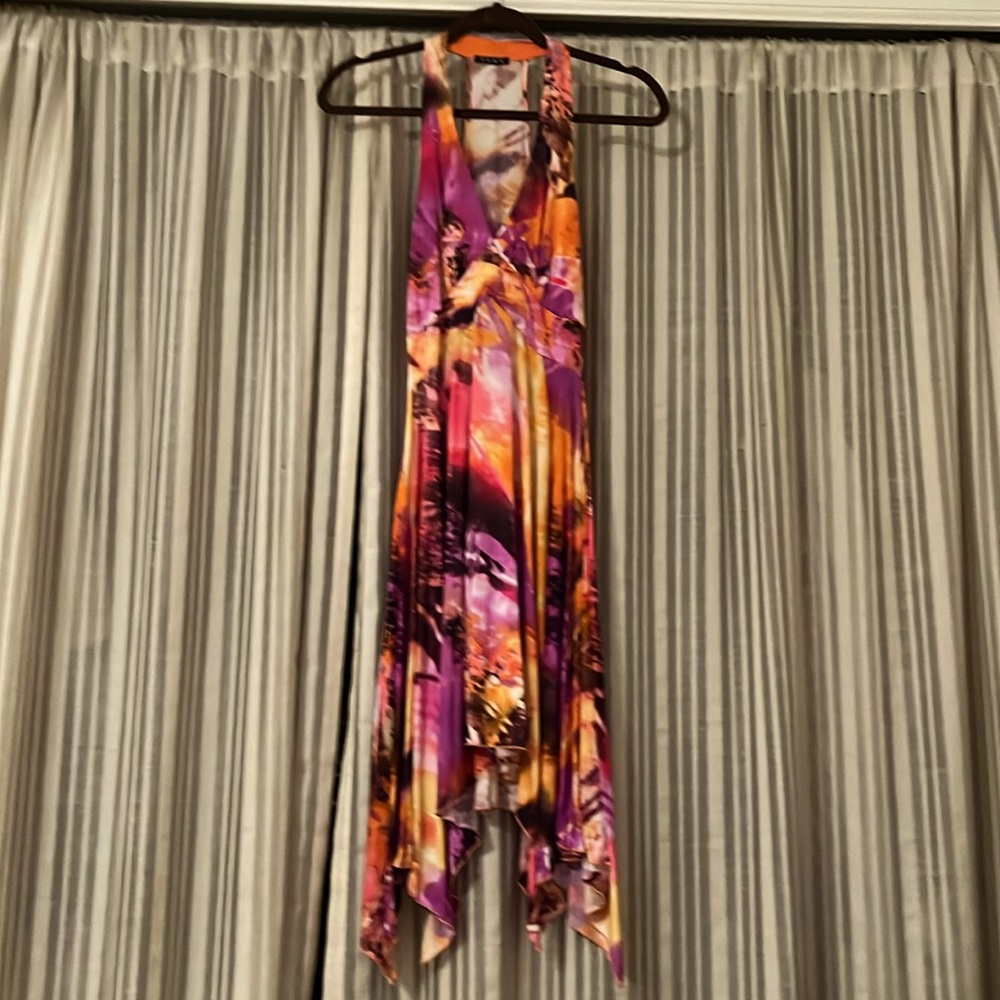 Women’s Medium YUKA Colorful Razorback Dress. High - Low Botton.